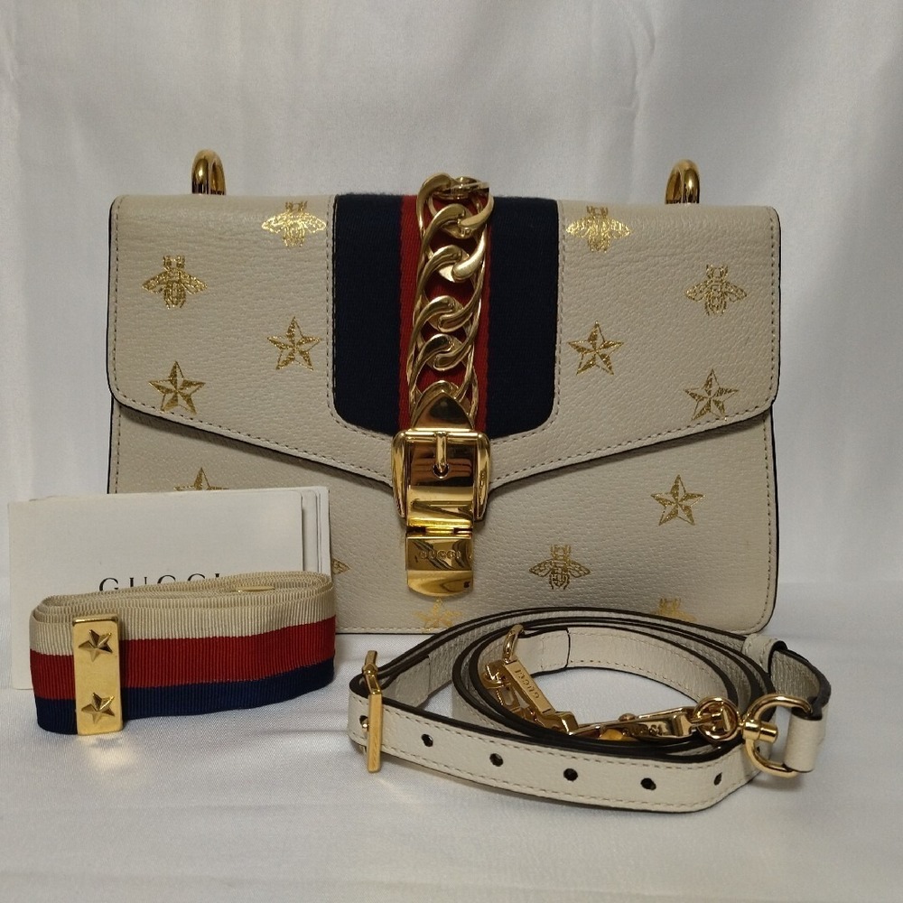 Gucci Sylvie Sherry Bee Star White Leather Handbag Shoulder Bag